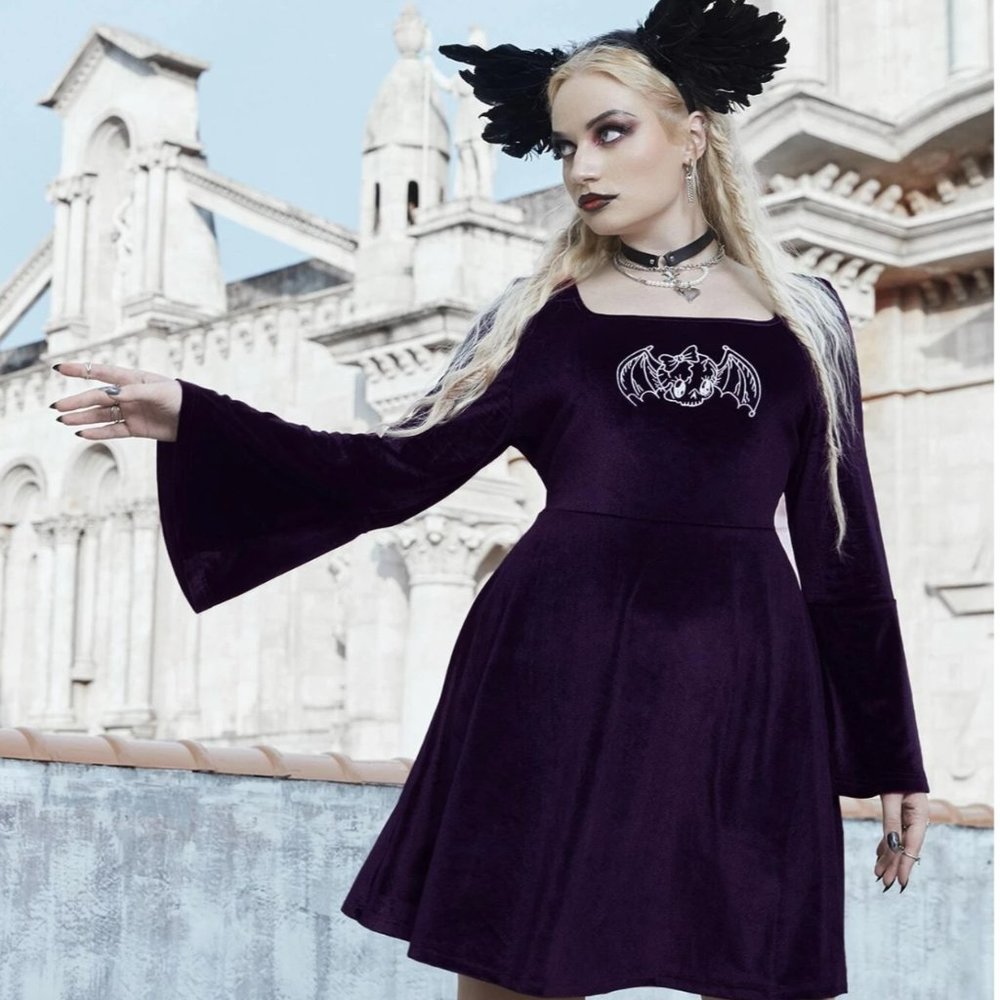 Cartoon Bat Flounce Sleeve Velvet A-line Dress